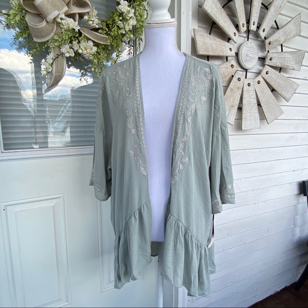 Sage Green Embroidered Gauze BoHo Kimono 3rd Piece - Picture 7 of 8